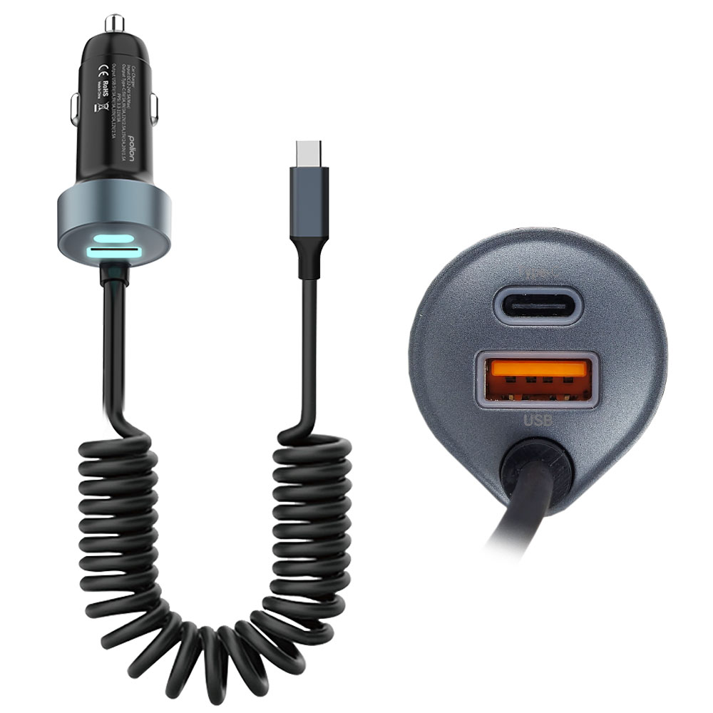 Ładowarka samochodowa z portami USB i USB-C. Czarno-szara konstrukcja ze spiralnym kablem. Zbliżenie na porty ładowarki.