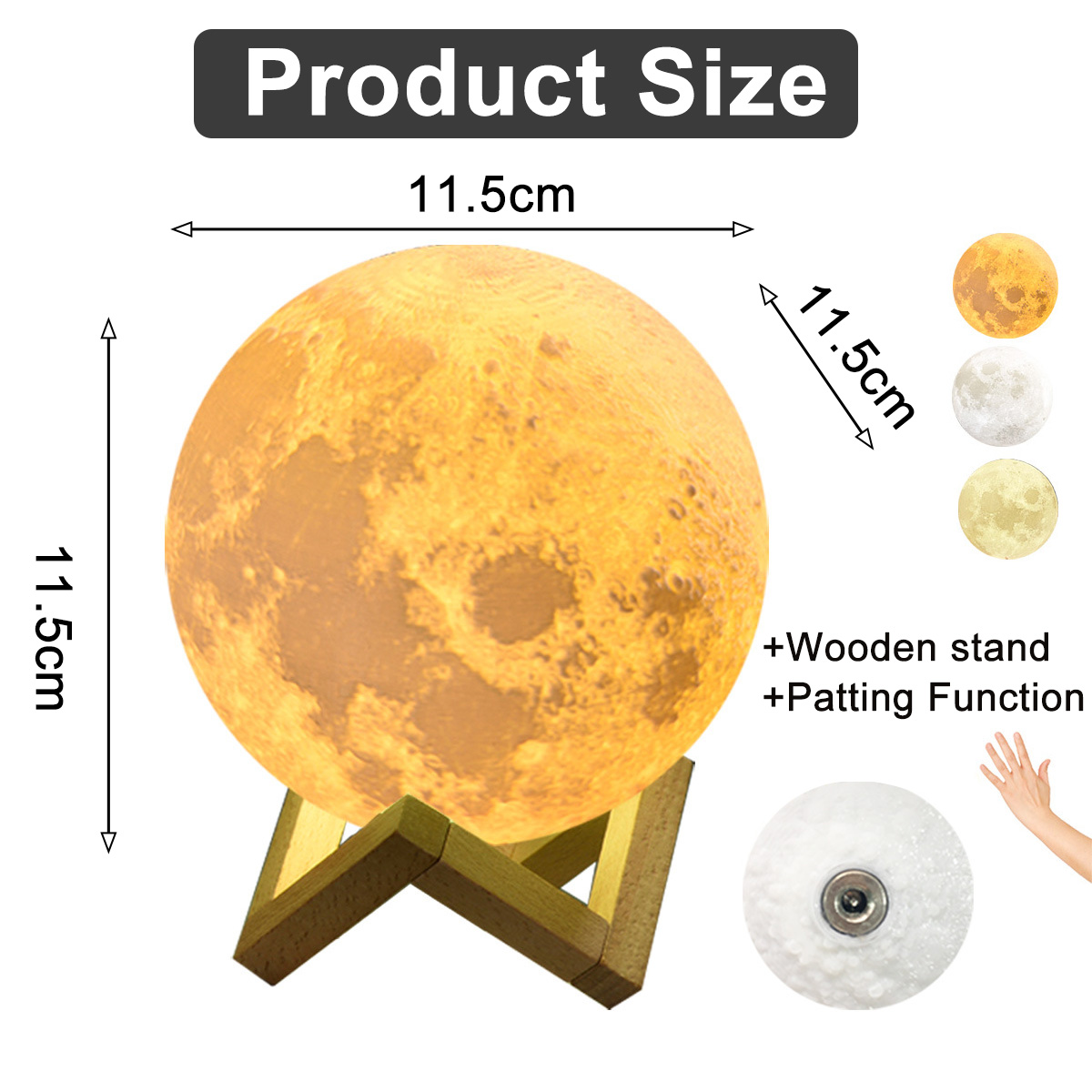 Eine mondförmige Lampe auf einem Holzständer. Abmessungen sind 11,5 cm. Enthält verschiedene Farboptionen und eine Hand, die sie berührt.