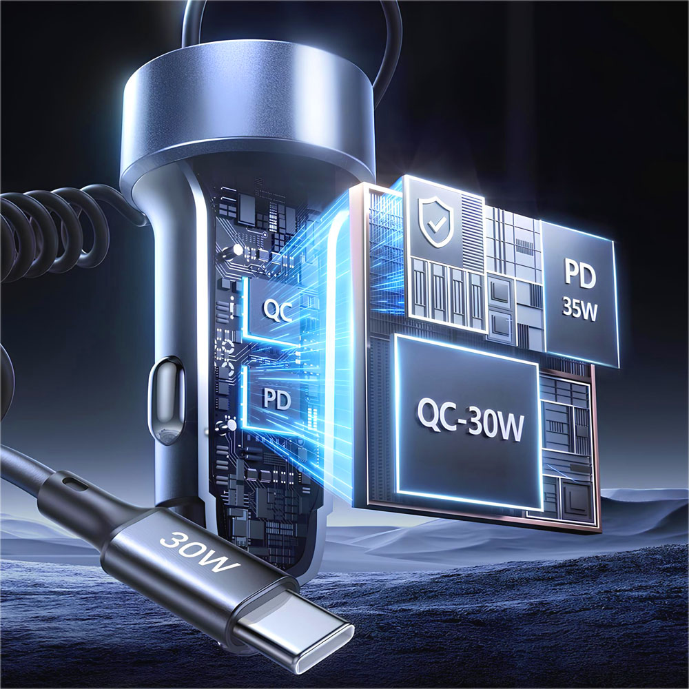 Ładowarka samochodowa z kablem USB-C. Wyświetla możliwości ładowania QC i PD, z wyjściami 30W i 35W. Niebieskie akcenty świetlne podkreślają technologię.