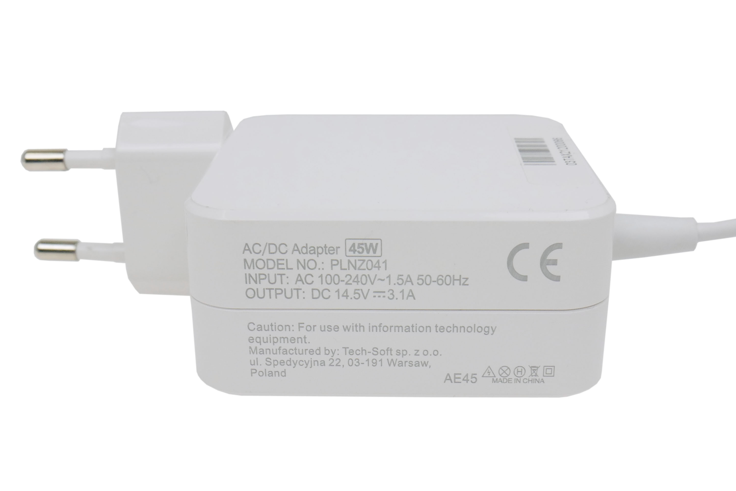 Biały zasilacz AC/DC z wtyczką na białym tle. Tekst zawiera szczegóły modelu i wyjścia.