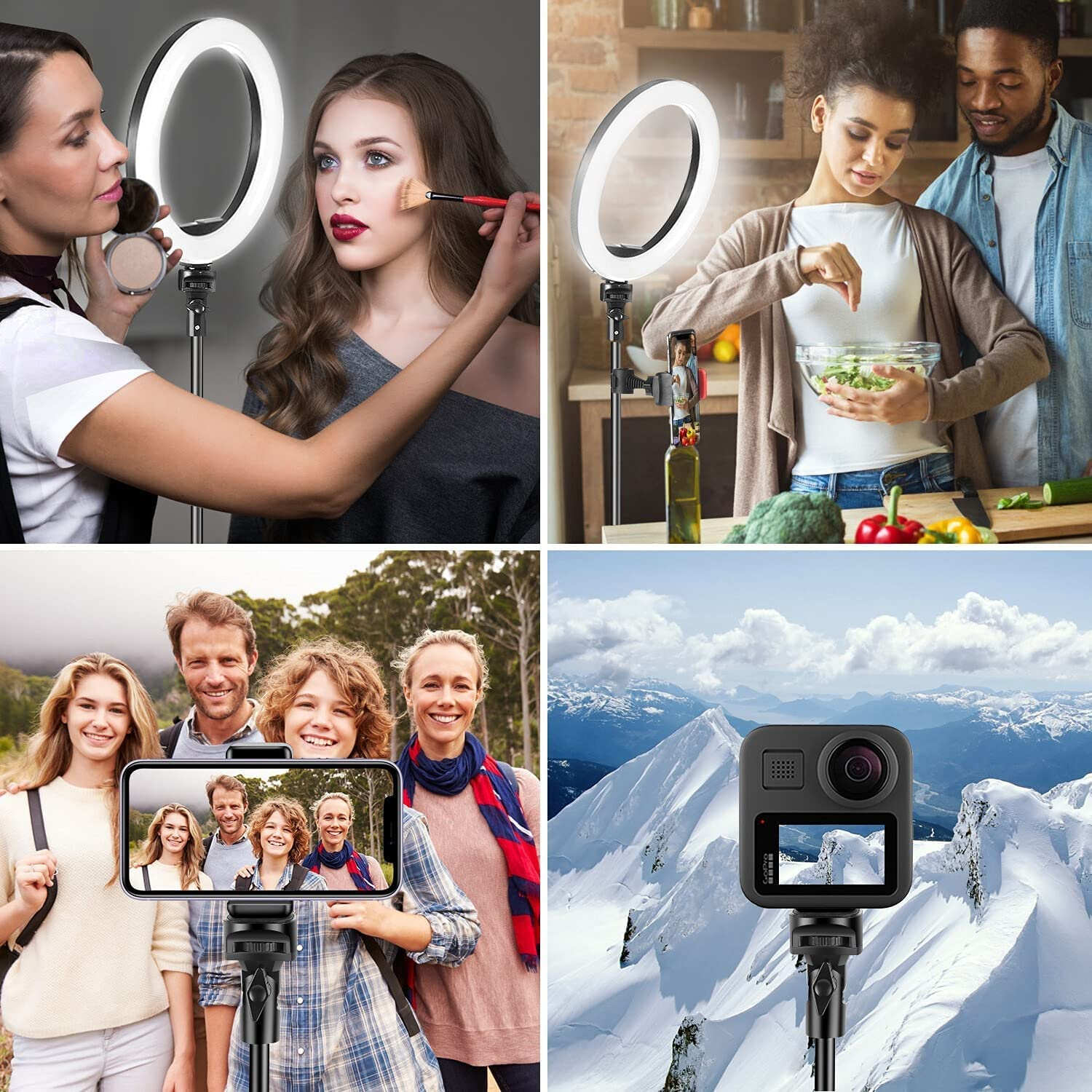 Una truccatrice trucca una donna sotto un anello luminoso. Una coppia cucina. Famiglia fa un selfie. Una telecamera filma montagne innevate.