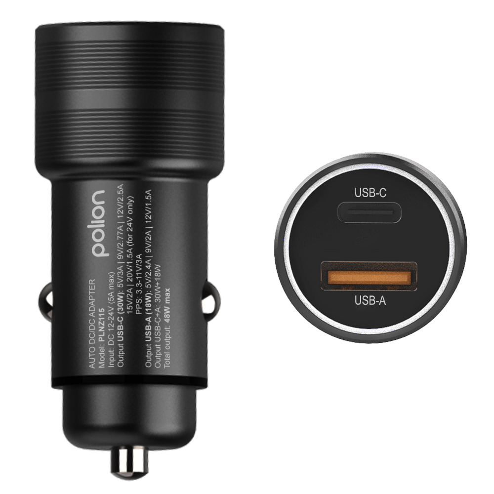 Czarna ładowarka samochodowa z portami USB-A i USB-C. Tekst wskazuje specyfikacje wyjścia i markę Polion.
