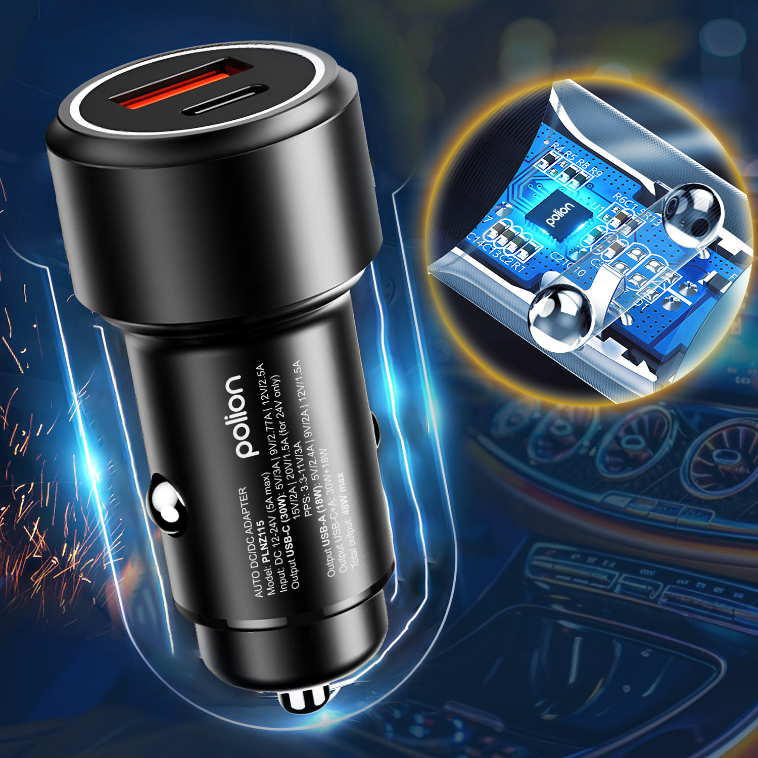 Czarna ładowarka samochodowa z portami USB i szczegółami płytki obwodu, na tle ciemnoniebieskiego wnętrza samochodu.