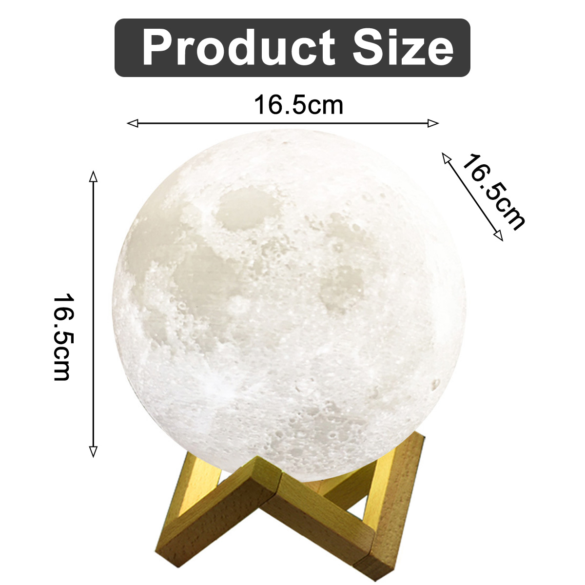 Eine mondförmige Lampe auf einem Holzständer. Die Abmessungen sind mit 16,5 cm angegeben. Die Produktgröße ist oben angegeben.