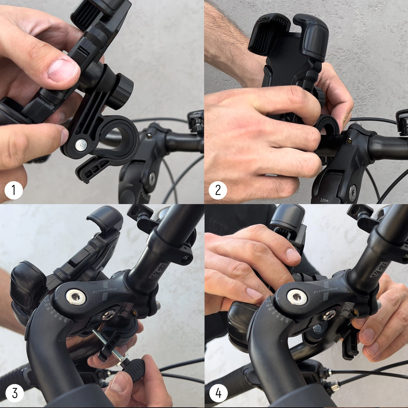 Vierteiliges Bild, das zeigt, wie eine Telefonhalterung an einem Fahrradlenker befestigt wird. Hände montieren die schwarze Halterung Schritt für Schritt.
