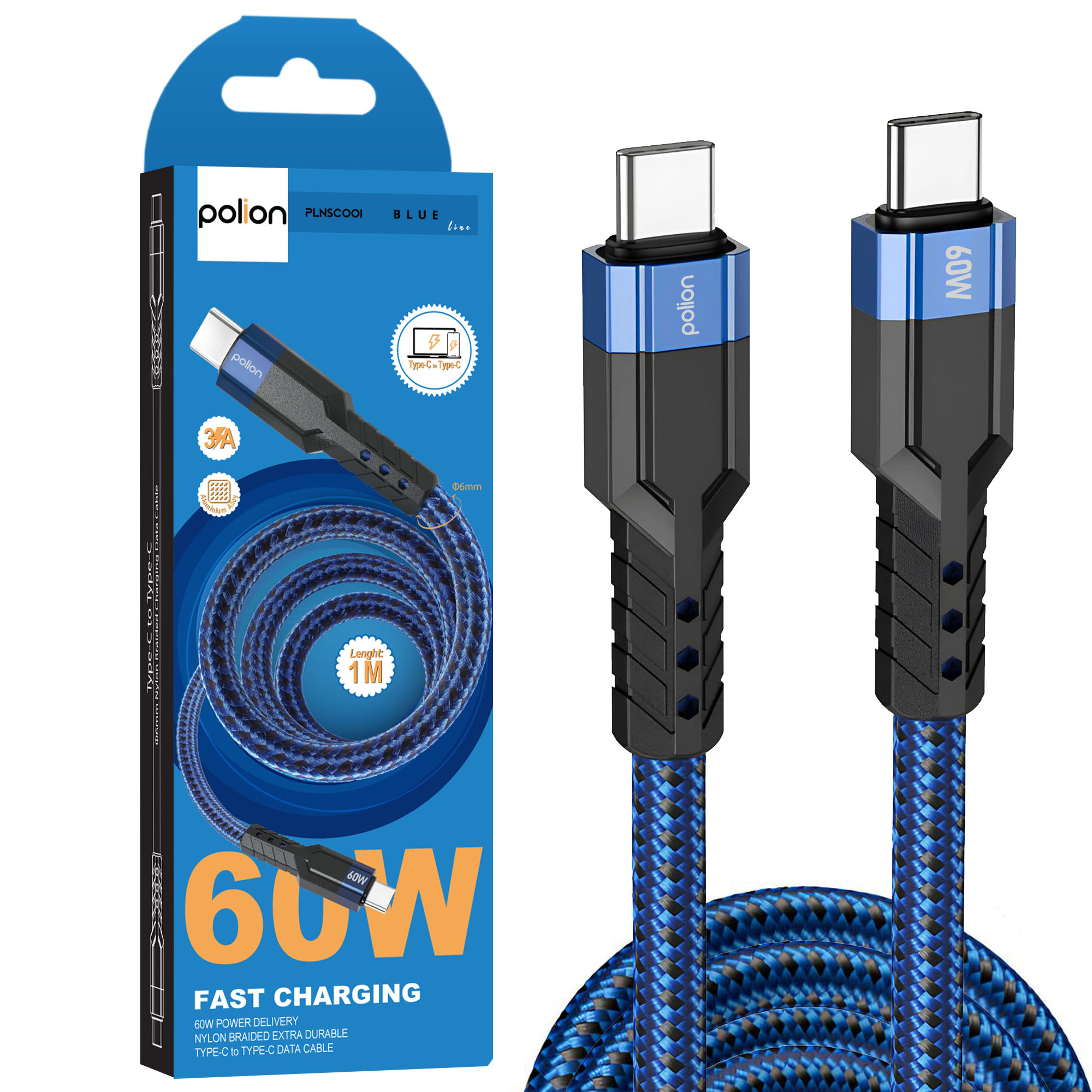 Niebieski i czarny kabel USB-C z opakowaniem. Opakowanie zawiera nazwę marki i specyfikacje kabla.