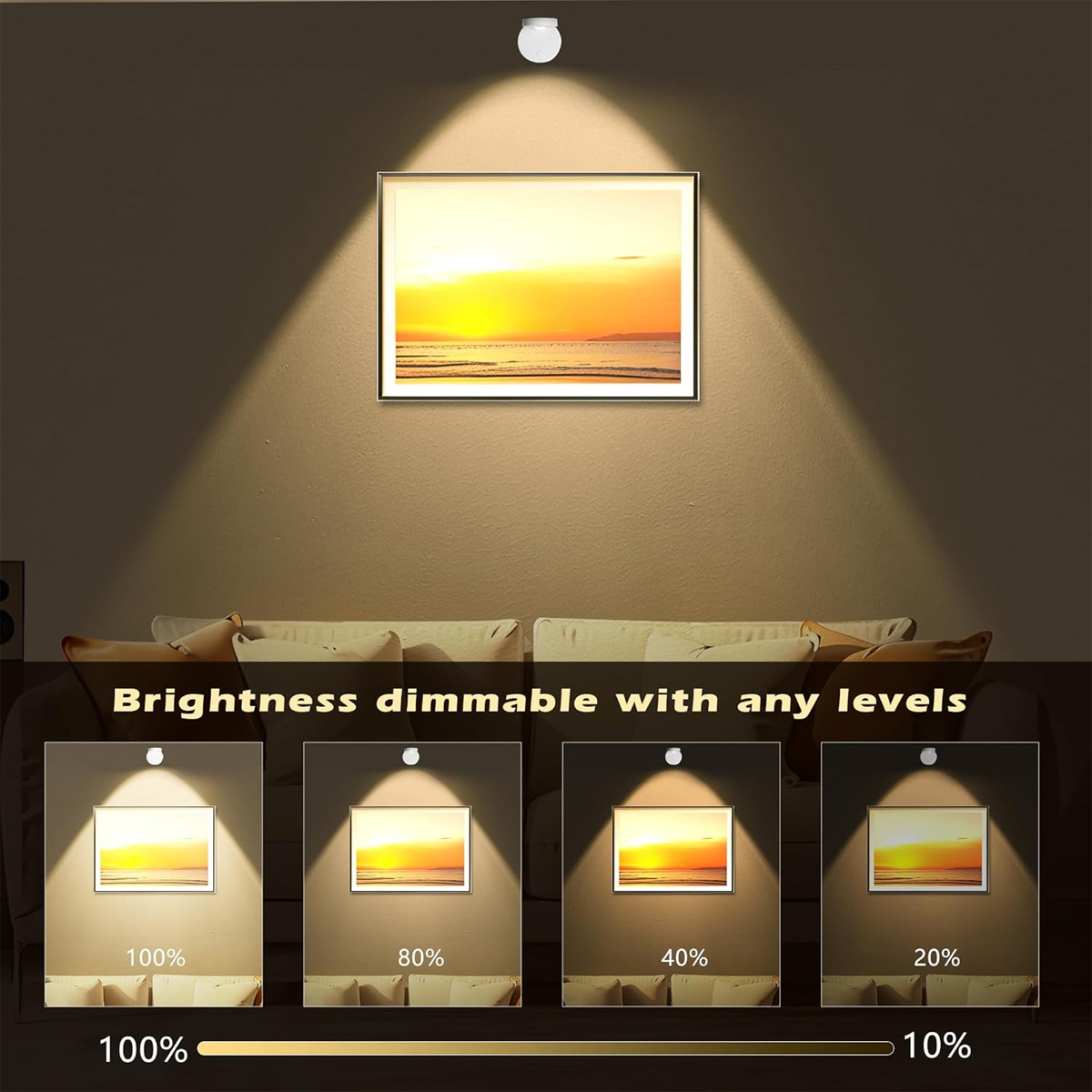 Ein Raum mit Sonnenuntergangsbild, vier dimmbare Lichtstufen und Text mit Helligkeitsstufen. Im Hintergrund befindet sich ein Sofa.