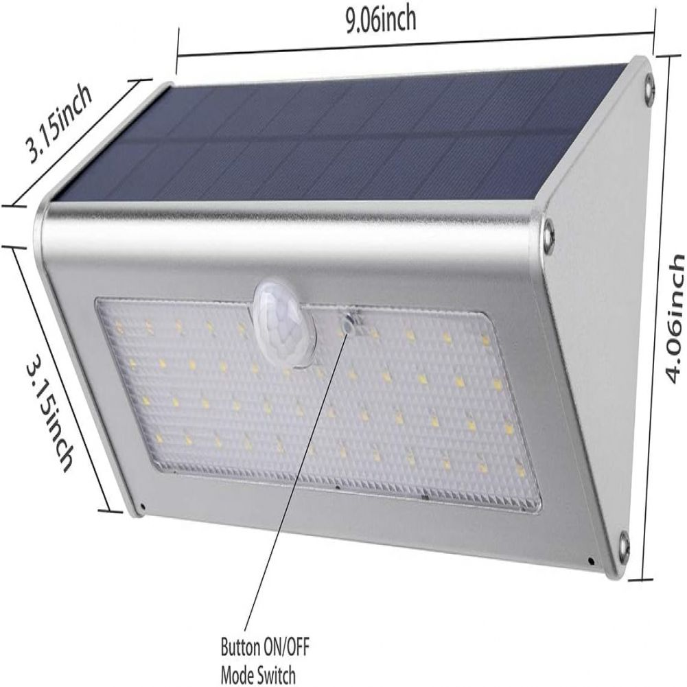 Silberne Solarleuchte mit schwarzem Solarpanel. Sie hat einen Ein-/Ausschalter und einen Bewegungssensor.