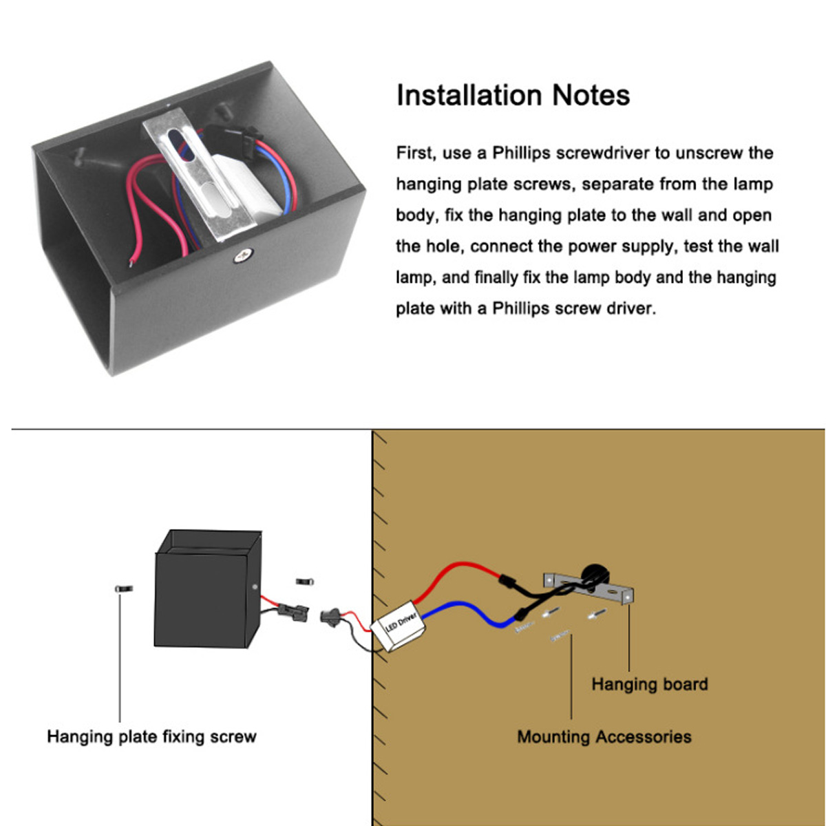 Diagramm zeigt die Installationsschritte der Wandlampe. Enthält Teile, Drähte und Textanweisungen. Hängeplatte und Montagezubehör sind abgebildet.
