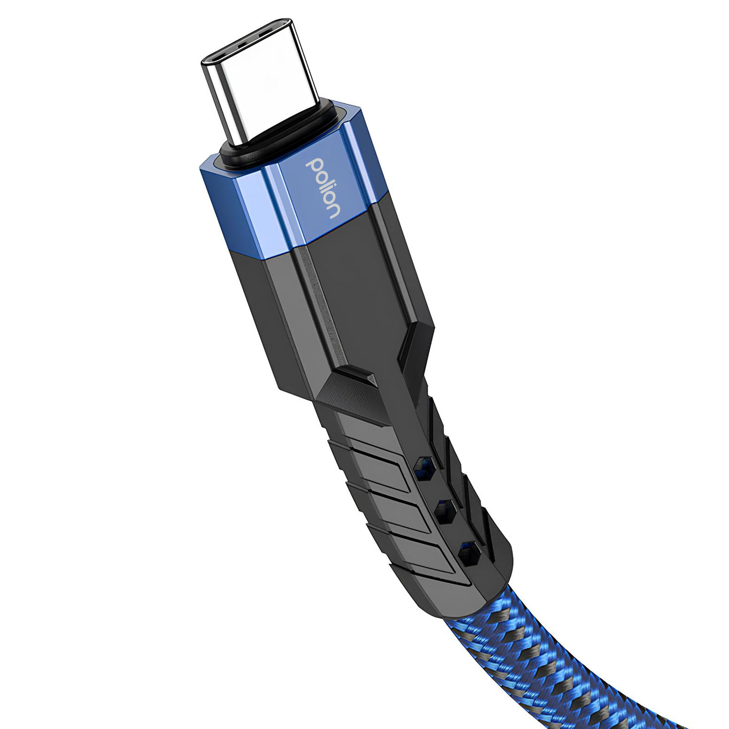 Kabel ładujący USB-C. Złącze jest srebrne, z niebiesko-czarnym teksturowanym korpusem. Kabel jest niebiesko-czarny pleciony.