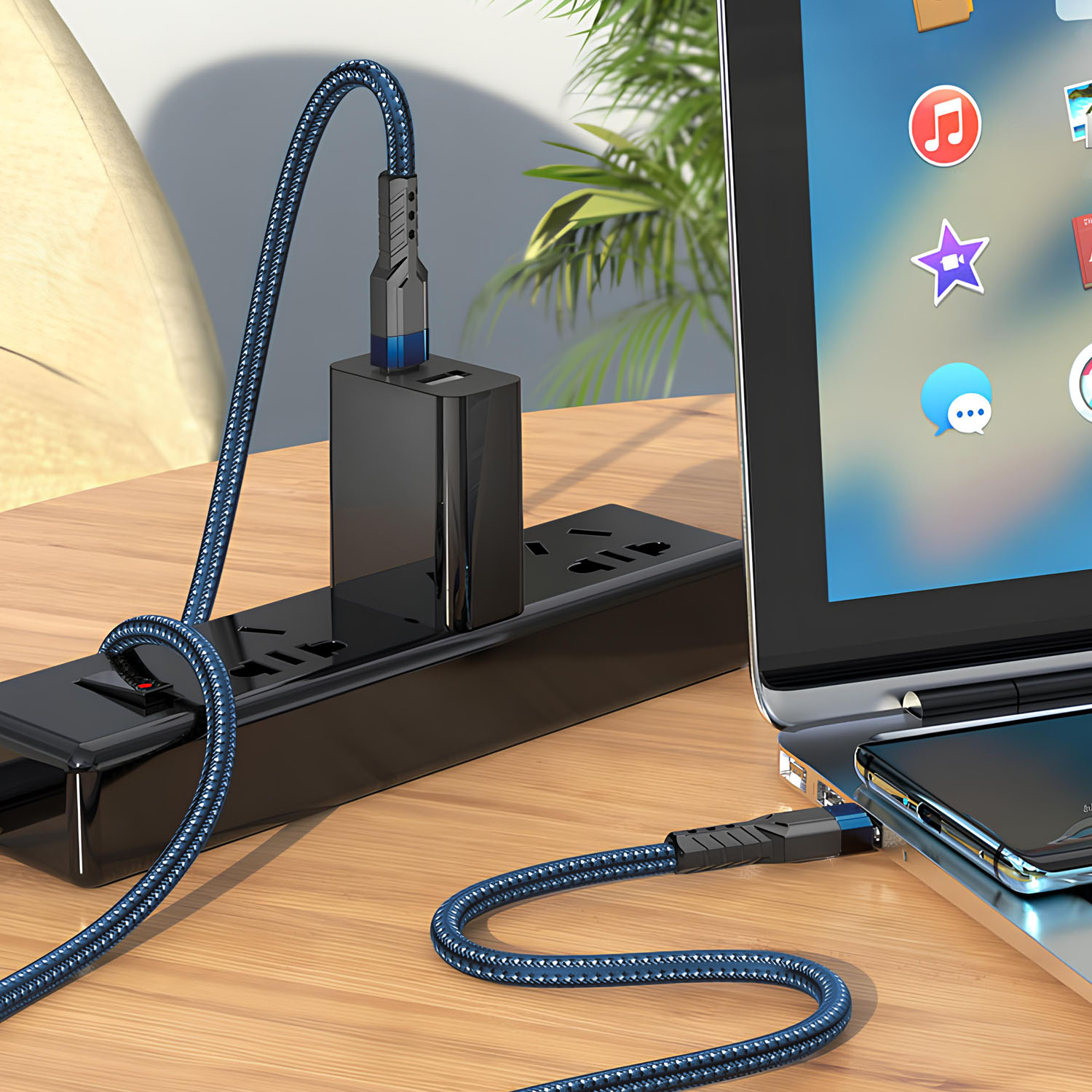 Laptop jest podłączony do telefonu i gniazdka za pomocą niebieskich plecionych kabli. Czarny zasilacz jest podłączony.