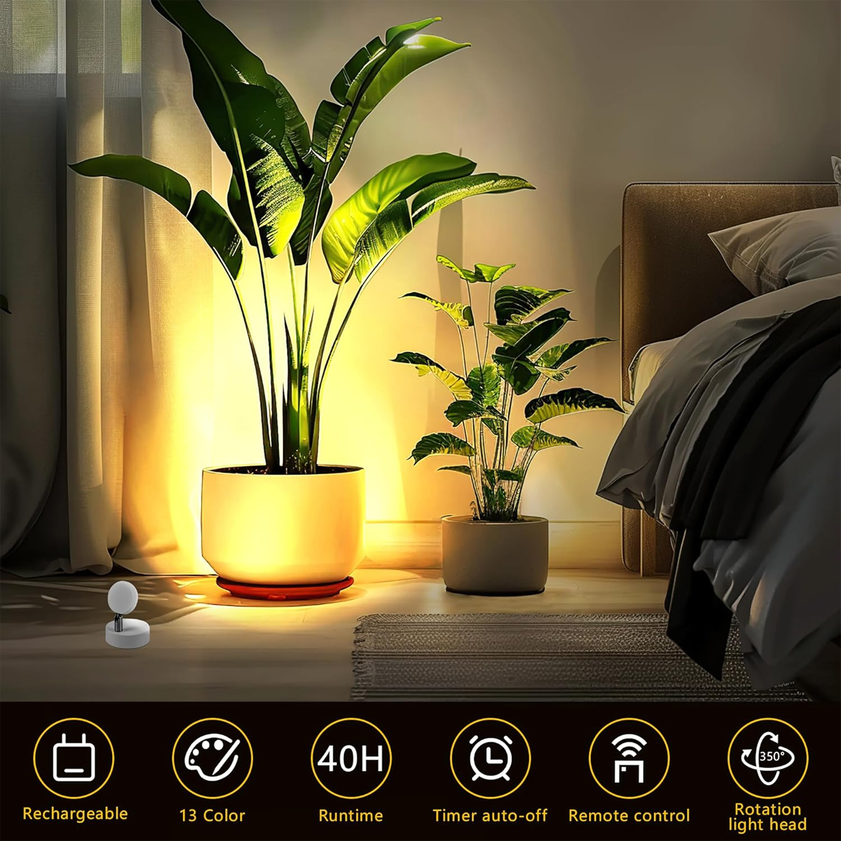 Ein Zimmer mit Pflanzen, einem Bett und einem Licht. Die große Pflanze steht in einem weißen Topf. Symbole unten zeigen Funktionen.