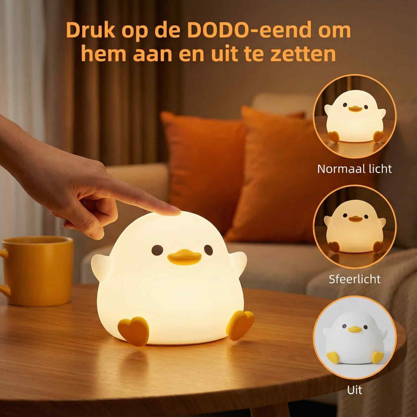 Eine Hand berührt eine ente-förmige Lampe. Die Lampe ist weiß und gelb. Text: 'Drücken Sie die DODO-Ente, um sie ein-/auszuschalten'.