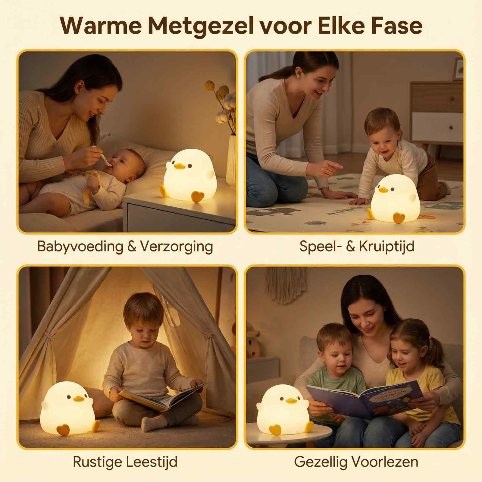 Vier Szenen mit einem Enten-Nachtlicht. Dazu gehören das Füttern eines Babys, das Spielen mit einem Kleinkind, Lesen und Geschichtenerzählen.