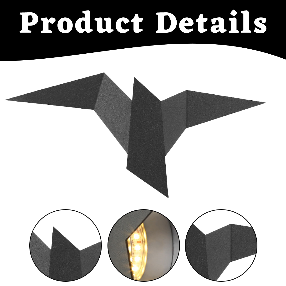 Eine schwarze, origamiartige Wandleuchte mit drei Detailkreisen. Die Lampe befindet sich auf weißem Hintergrund, mit "Produktdetails" oben.