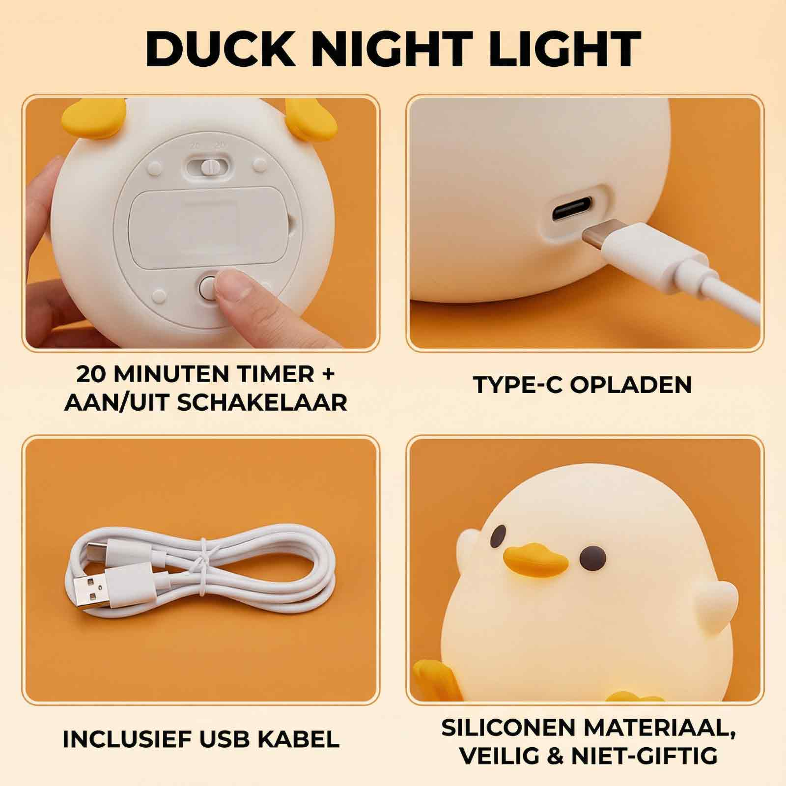 Ein nachtlicht in Entenform mit Timer, USB-Aufladung und Silikonmaterial. Inklusive USB-Kabel.