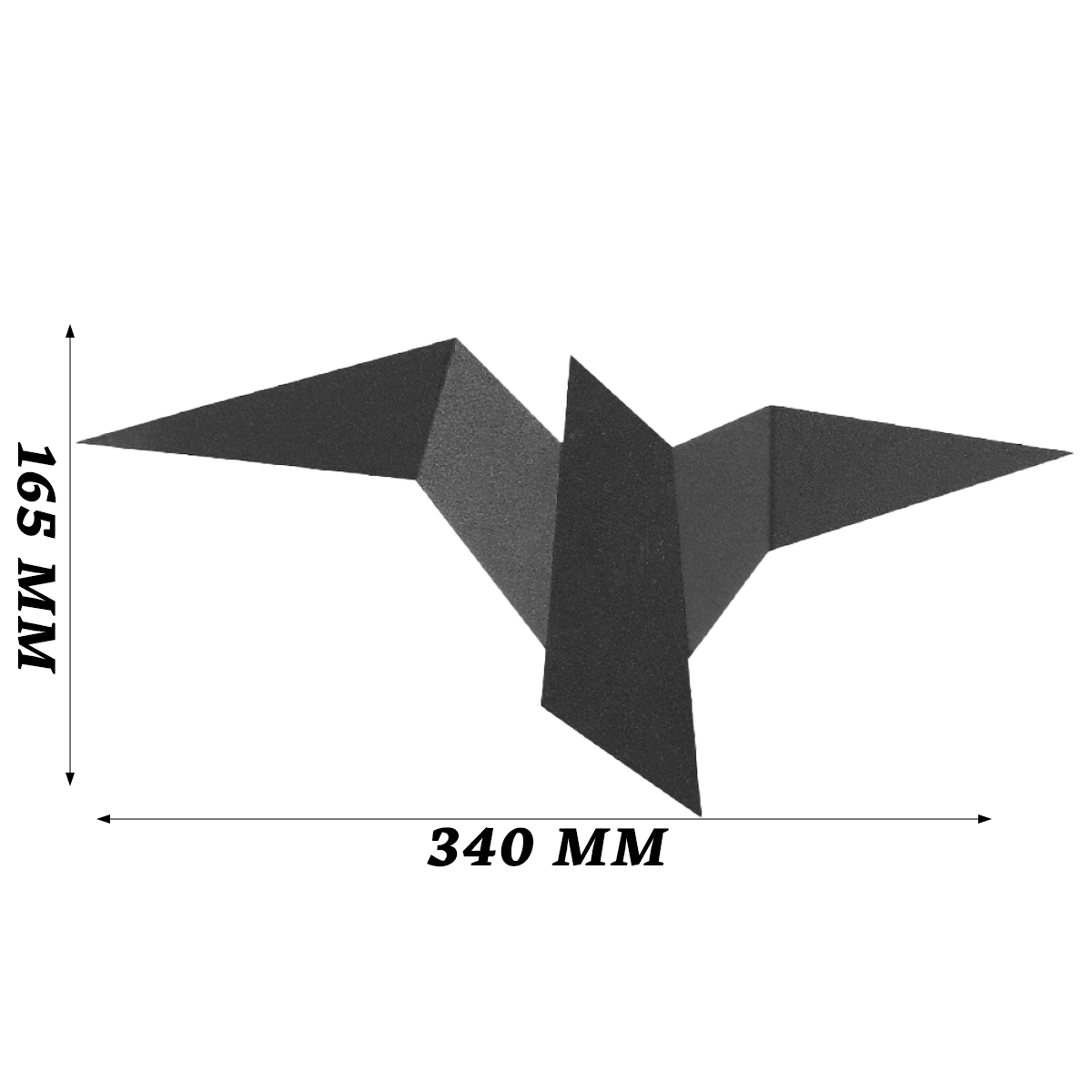 Eine dunkle Origami-Vogelskulptur. Sie ist schwarz und besteht aus gefalteten Ebenen. Abmessungen sind 165 mm x 340 mm. Weißer Hintergrund.
