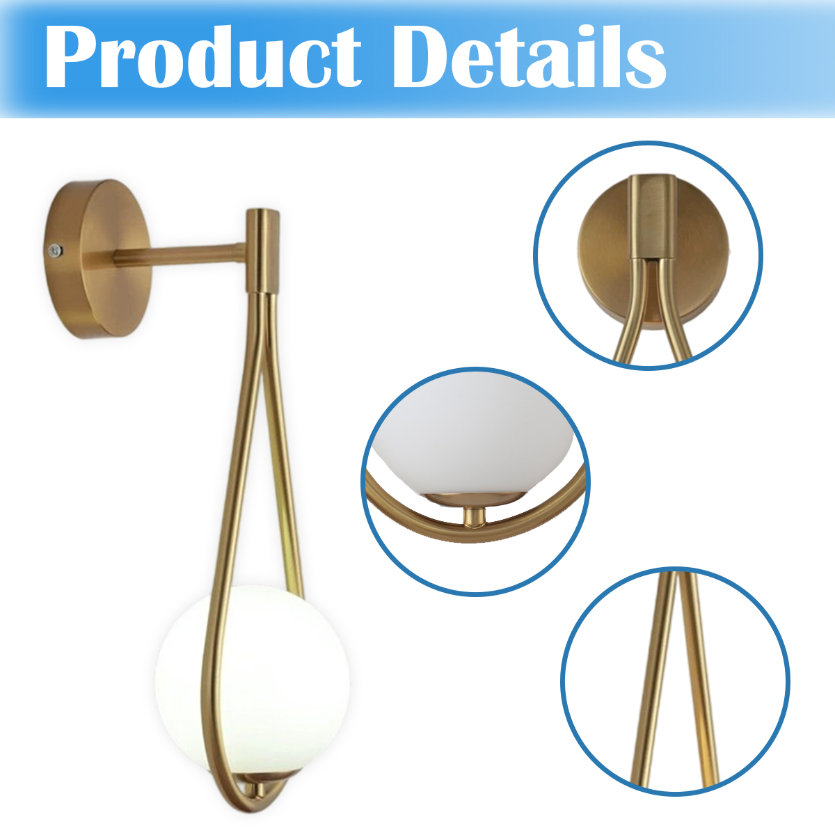 Eine goldene Wandlampe mit weißem Kugellicht. Details zeigen Nahaufnahmen der Leuchte, die Design und Konstruktion hervorheben.