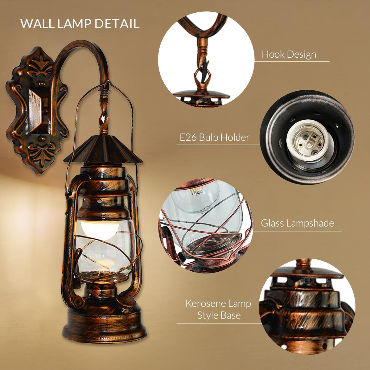 Detaillierte Ansicht einer Wandlampe. Merkmale: Kerosinlampenbasis, Glasschirm, Haken-Design, E26-Glühbirnenfassung.