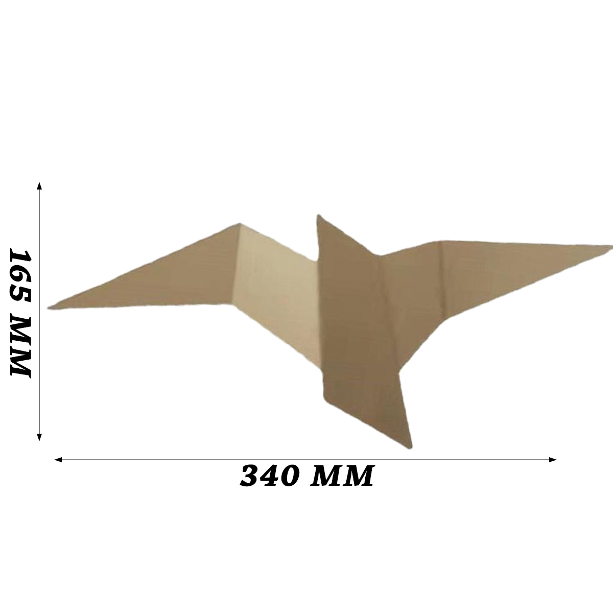 Eine gefaltete Kartonform, die einem Vogel ähnelt. Abmessungen: 165 mm Höhe und 340 mm Breite. Die Form ist beige vor weißem Hintergrund.