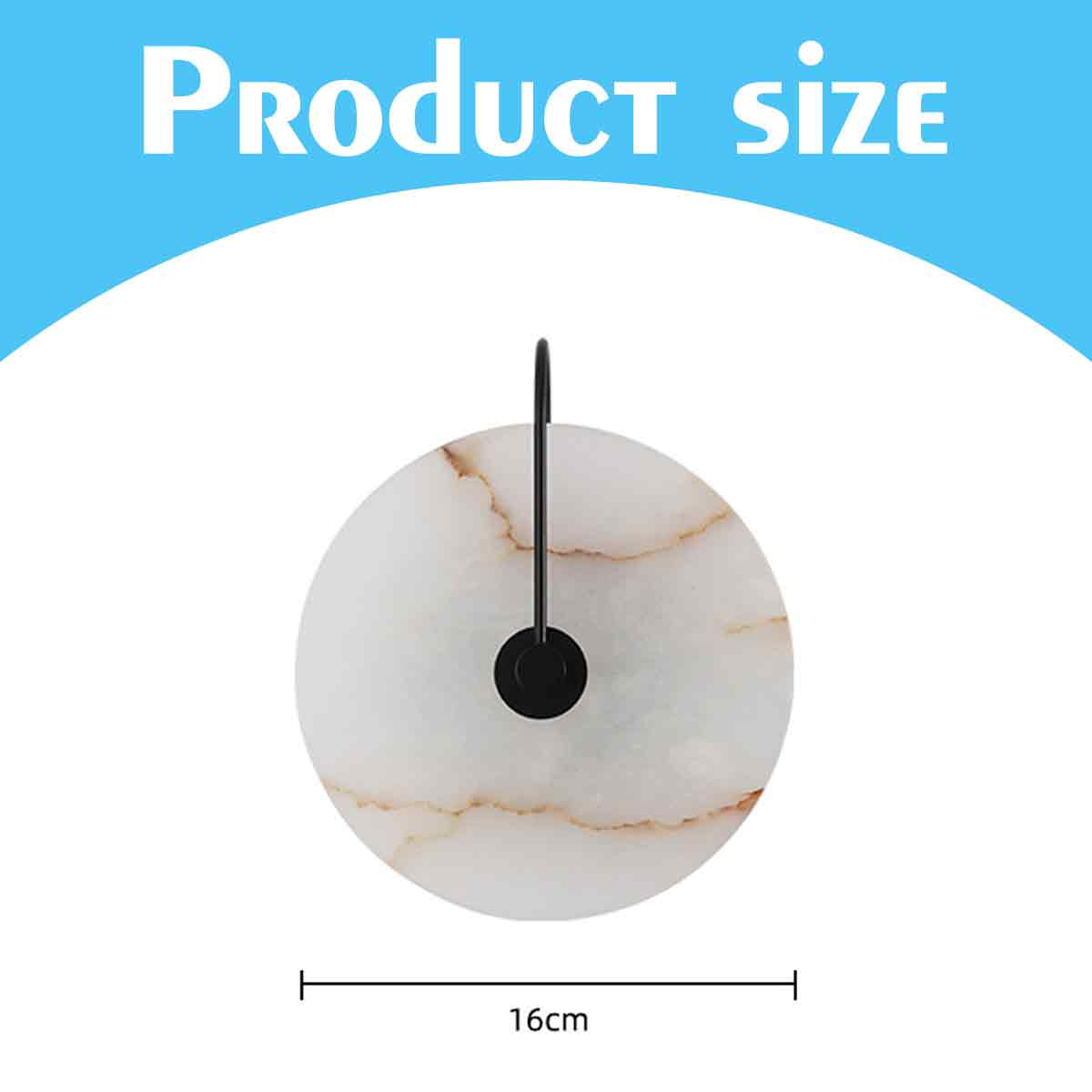 Ein rundes, marmorähnliches Objekt mit einem schwarzen Pendel. Oben steht der Text "Produktgröße". Die Größe beträgt 16 cm.
