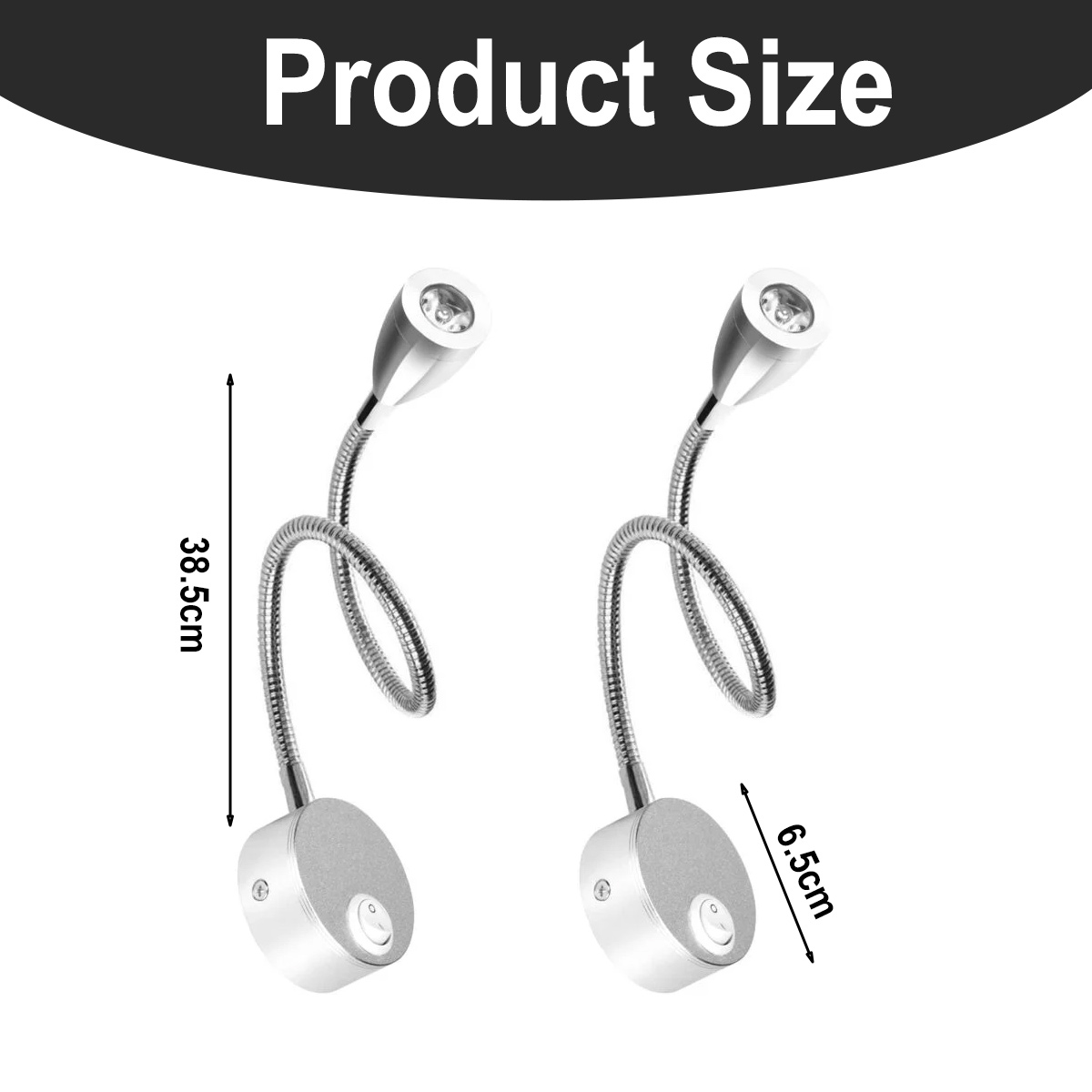 Zwei silberne LED-Leselampen mit flexiblen Hälsen. Abmessungen sind angegeben. Produktgröße wird oben angezeigt.
