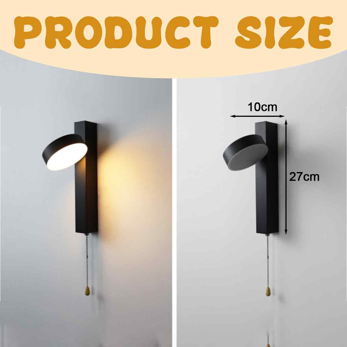 Zwei schwarze Wandlampen, eine davon leuchtet. Maße: 10 cm breit und 27 cm lang. Text 'PRODUCT SIZE' oben.