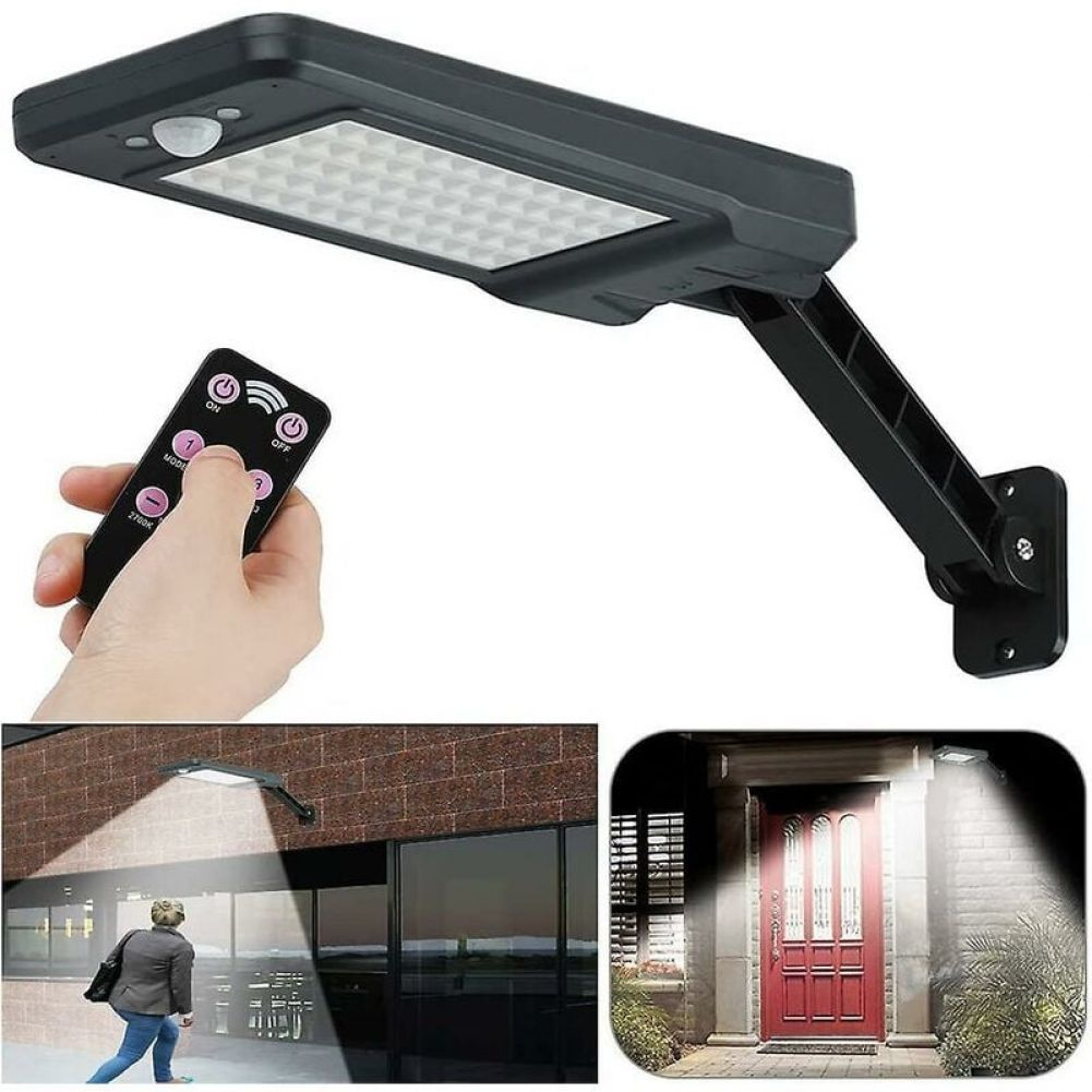 Eine Solarleuchte mit Fernbedienung. Die Lampe ist an einer Wand montiert und beleuchtet eine Person, die geht. Eine andere Szene zeigt eine rote Tür.