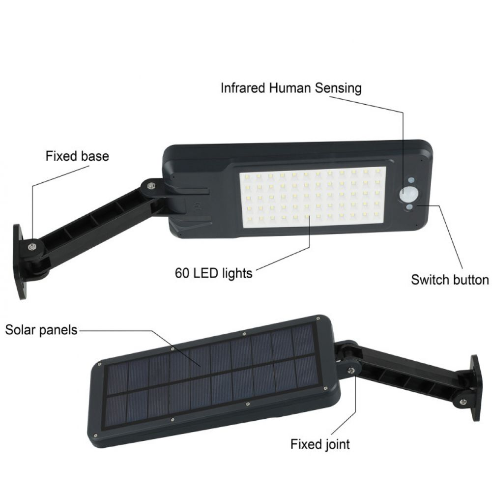 Schwarze solarbetriebene LED-Leuchte mit 60 LEDs. Sie hat ein Solarpanel, einen Infrarotsensor und einen Schalter. Enthält feste Basis und Gelenk.