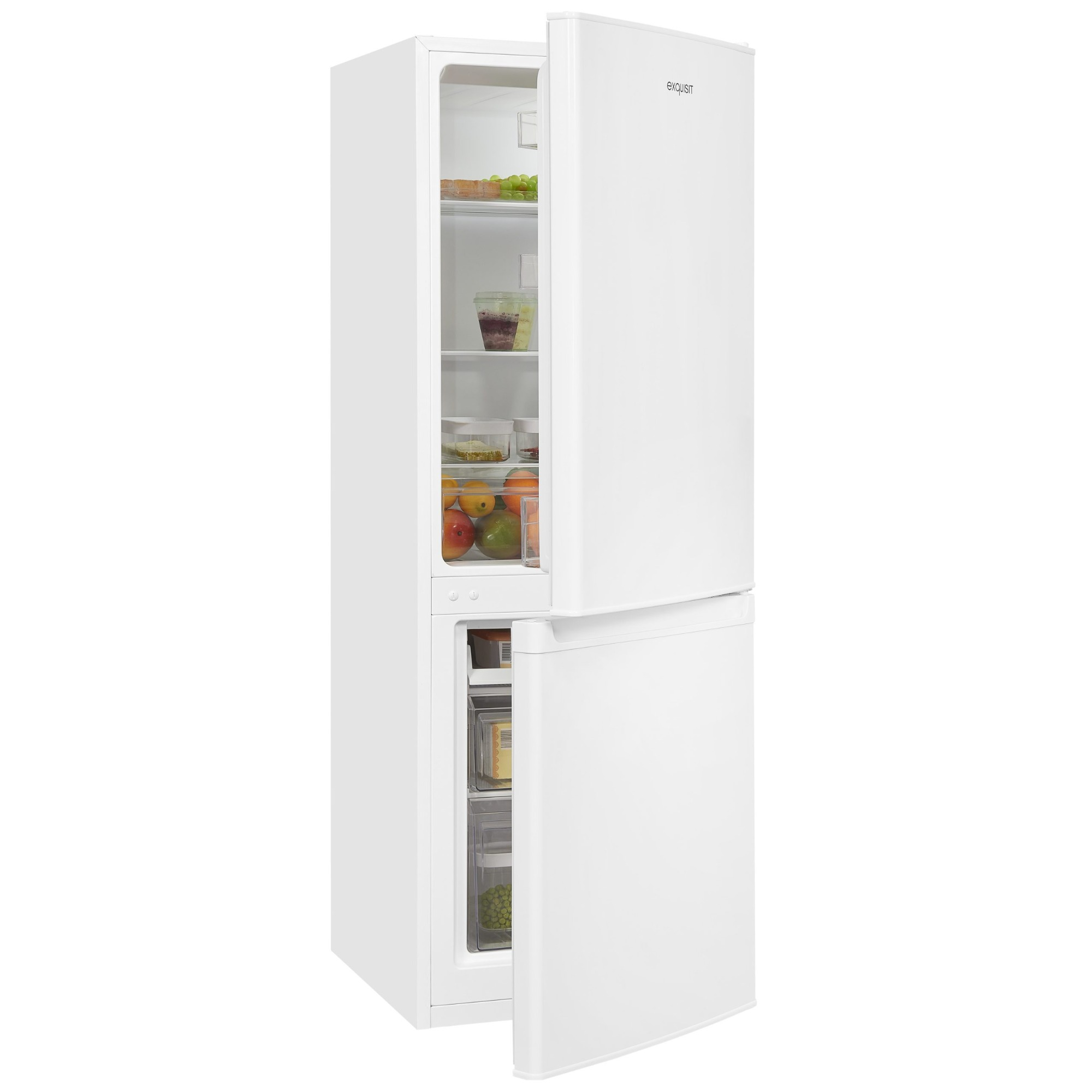 Un refrigerador blanco con puertas abiertas, que muestra alimentos en el interior. La marca 'exquisit' es visible.