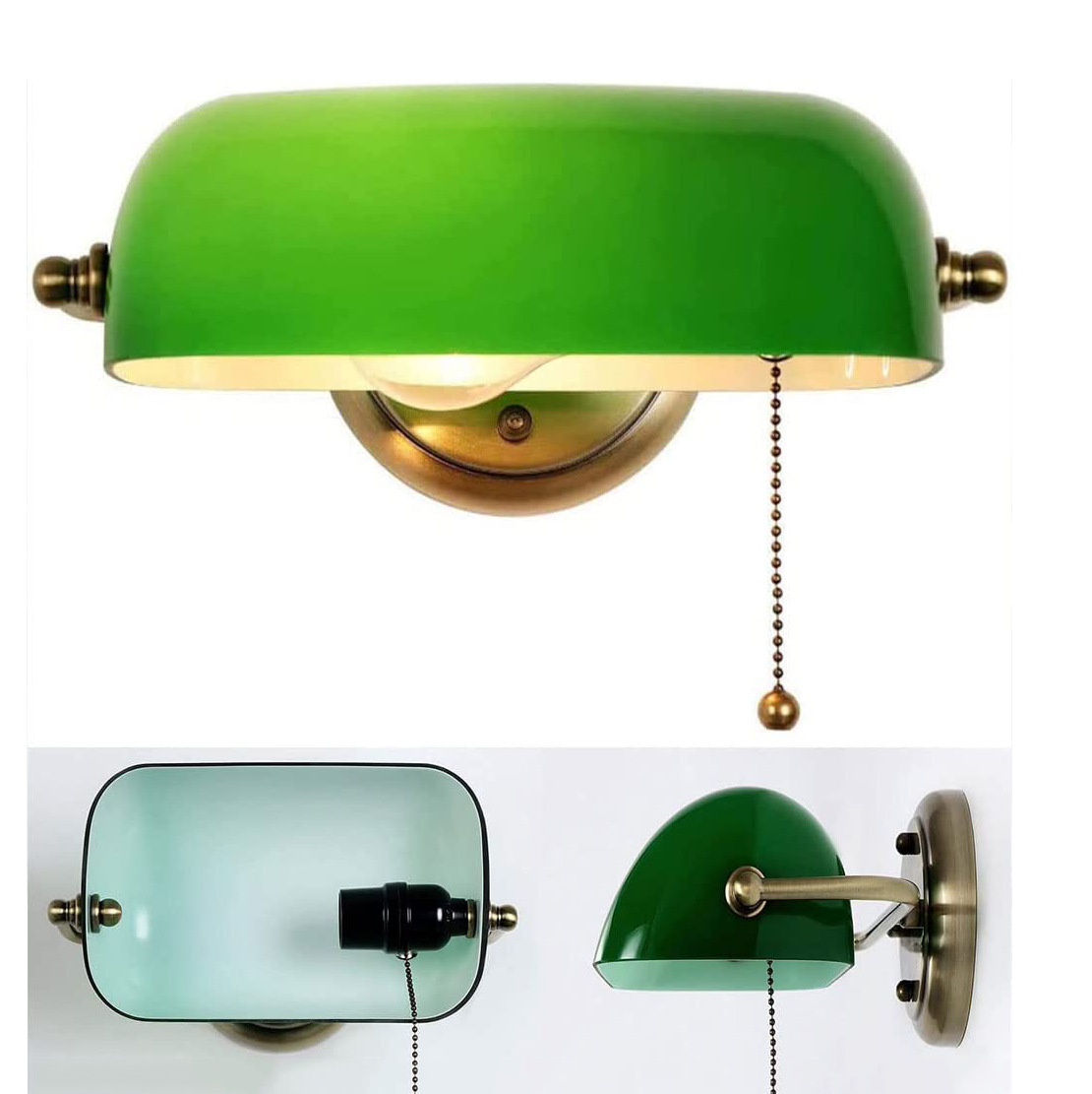 Eine grüne Bankerlampe mit Messingfuß und Zugkette, aus mehreren Blickwinkeln gezeigt. Sie hat einen abgerundeten Schirm und eine Glühbirne.