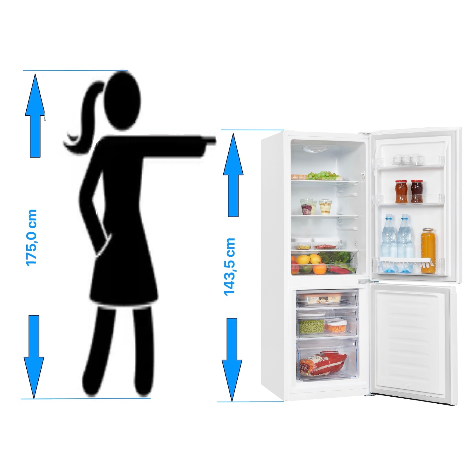 Un refrigerador blanco está abierto, mostrando estantes de comida. Una silueta negra de una persona apunta al refrigerador.