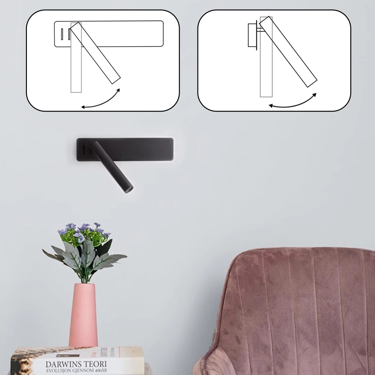 Eine wandmontierte schwarze Lampe mit verstellbarem Arm. Eine Vase mit Blumen und ein Stuhl sind in der Szene. Diagramme zeigen Lampenbewegung.