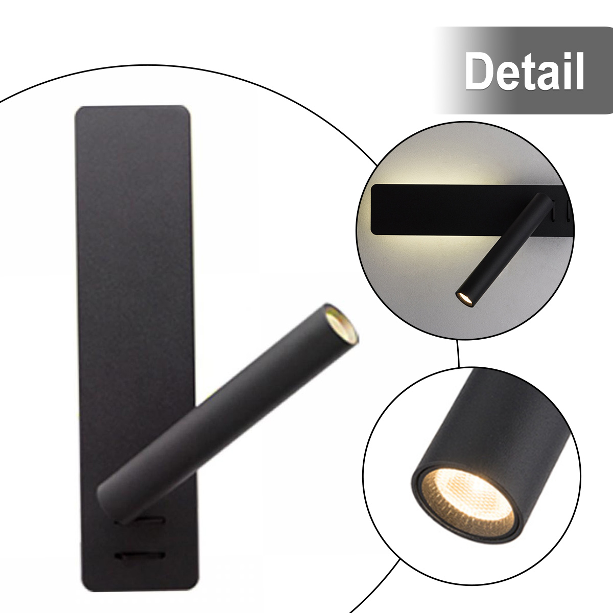 Schwarze Wandleuchte mit zylindrischem Kopf. Details zeigen die Lichtquelle und das Design der Lampe. Das Wort "Detail" ist vorhanden.