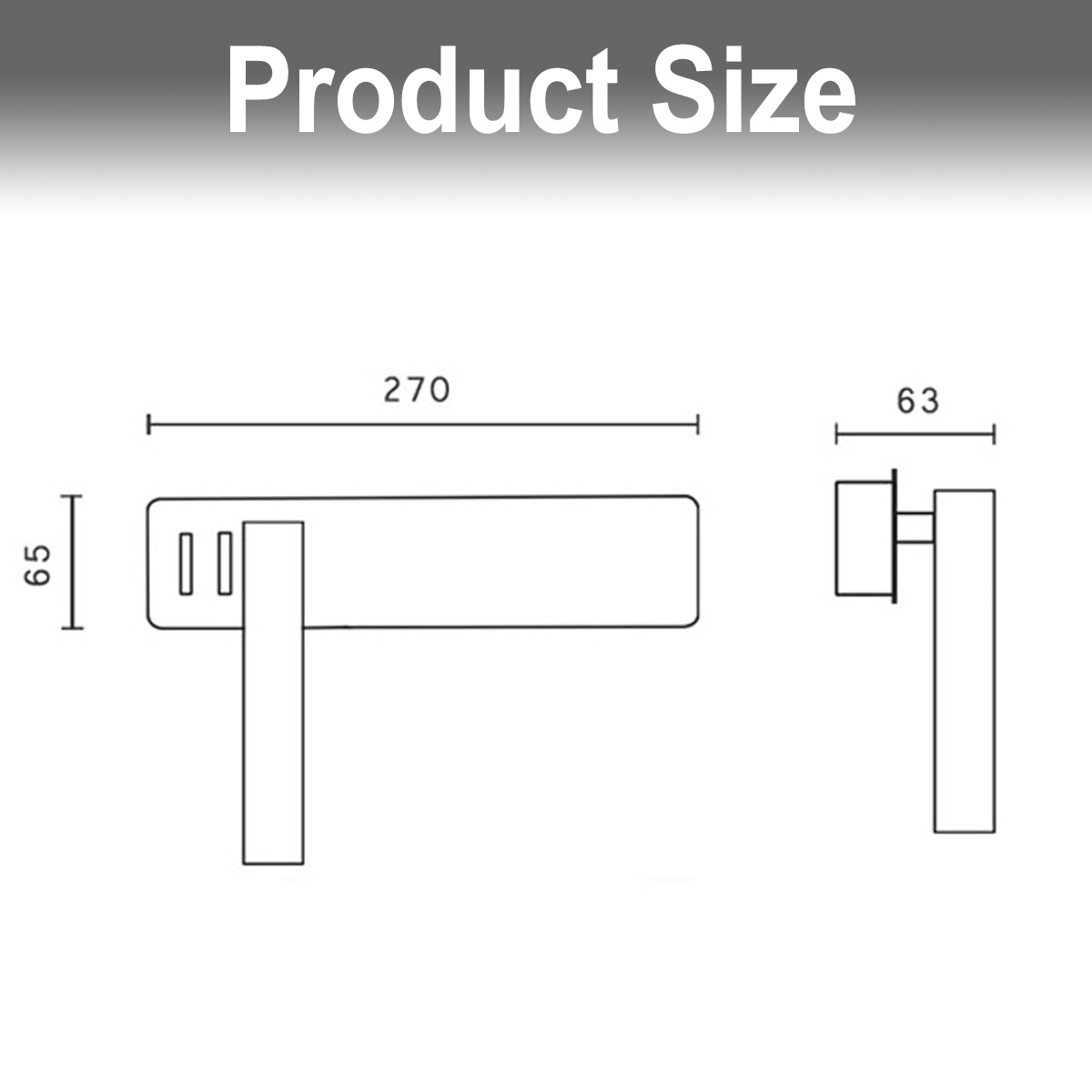 Diagramm mit Produktabmessungen. Ein rechteckiger Griff ist 270 mm lang und 65 mm hoch. Ein kleinerer Griff ist 63 mm breit.