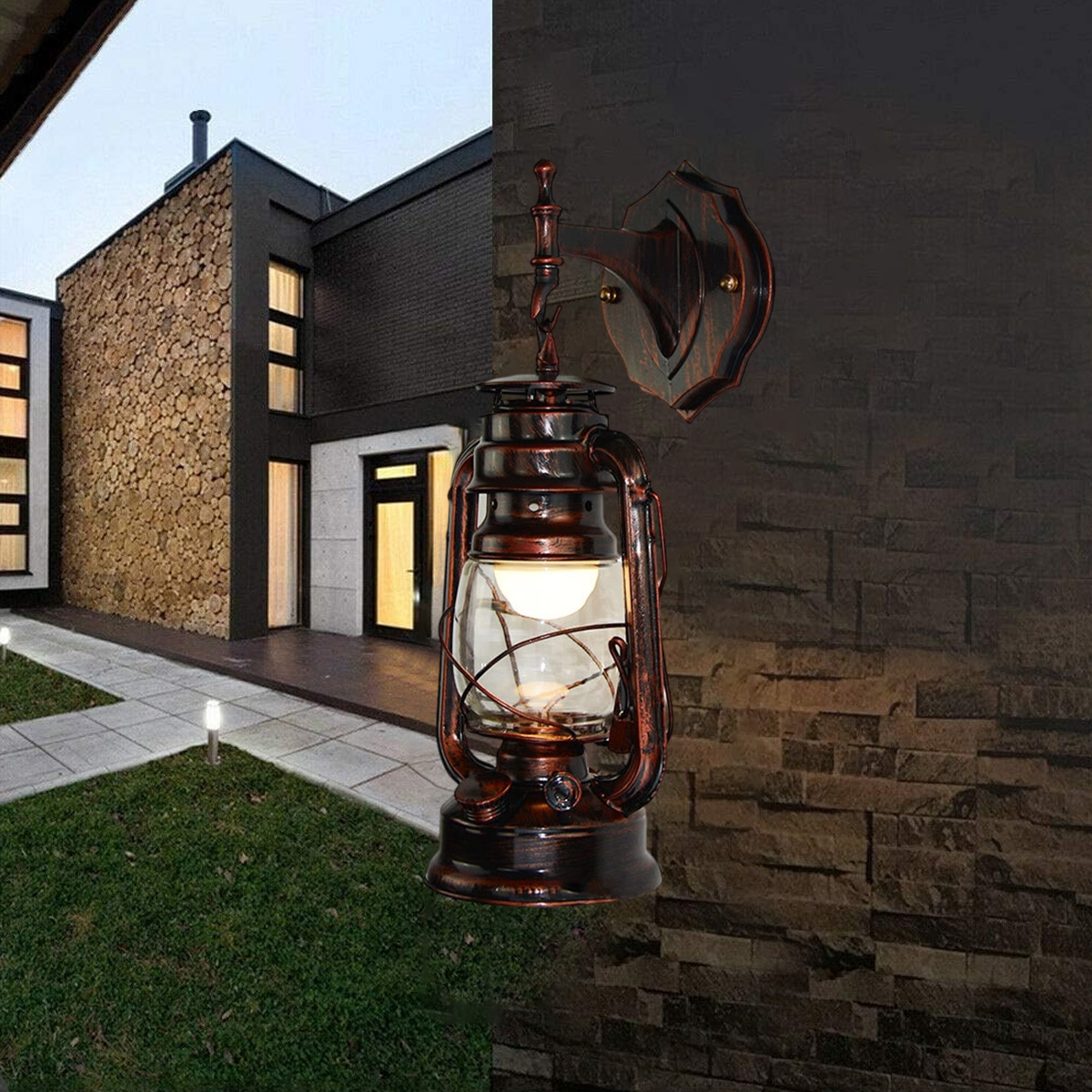 Eine rustikale Bronzelaterne an einer Ziegelmauer. Im Hintergrund ein modernes Haus mit Rasen und Gehweg.