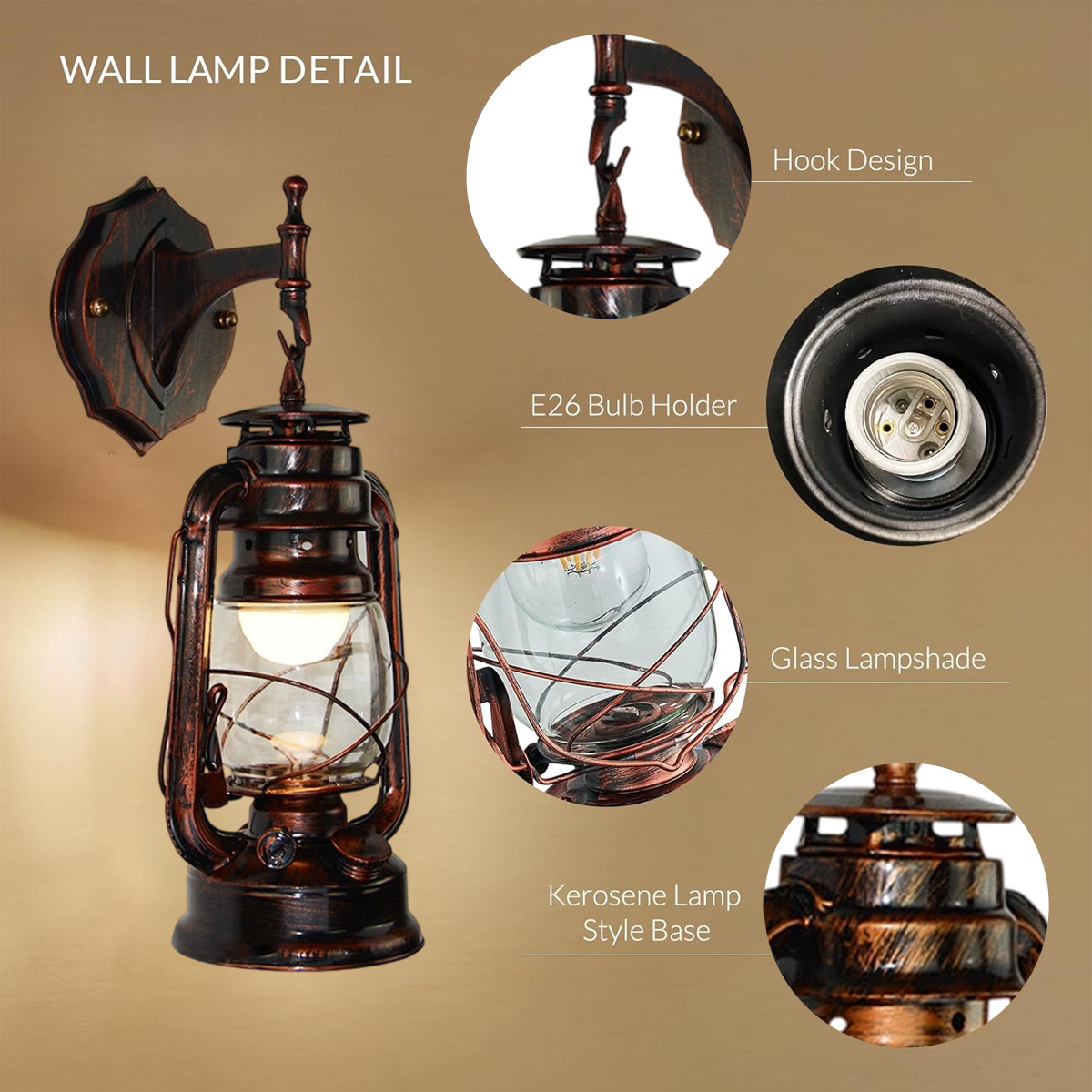 Detailliertes Bild einer Vintage-Wandleuchte. Sie hat einen Sockel im Kerosinlampenstil und einen Glasschirm mit Haken.