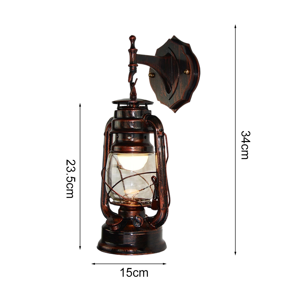 Eine Wandlampe im antiken Stil, dunkelbronze, mit Glaskugel. Abmessungen: 23,5 cm Höhe, 15 cm Breite und 34 cm Gesamthöhe.