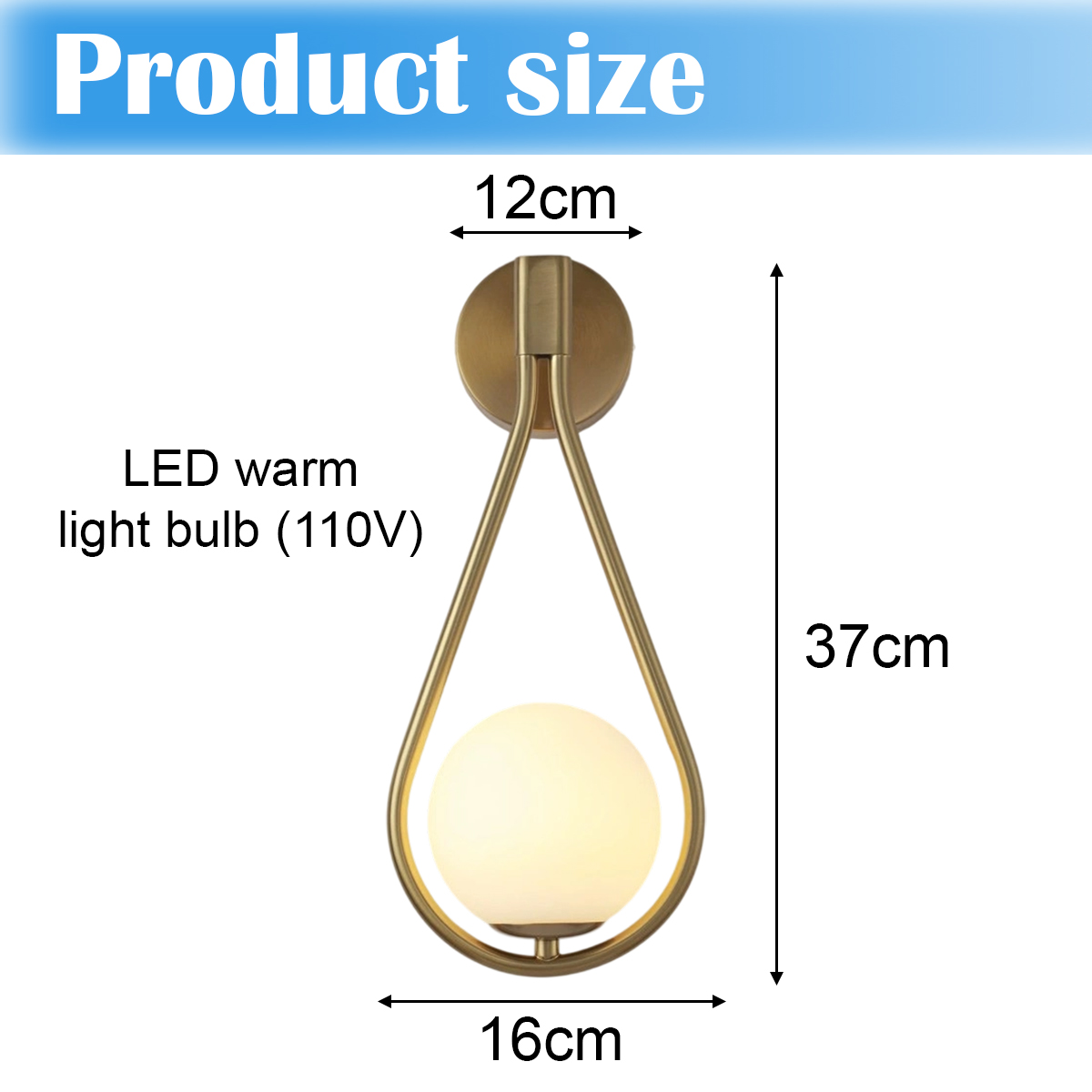 Eine goldene Wandlampe mit einer runden Glühbirne. Sie misst 37 cm in der Höhe und 16 cm in der Breite. Die Produktgröße ist angegeben.