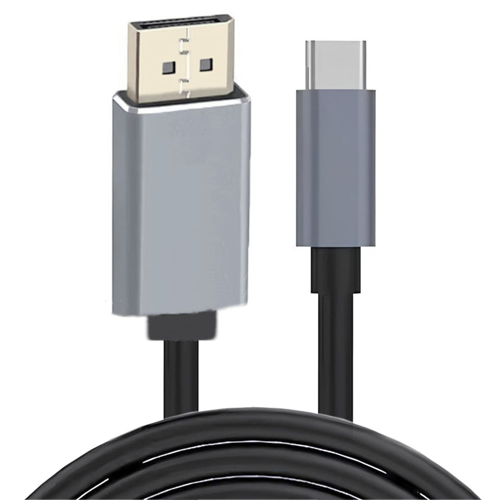 Kabel DisplayPort do USB-C. Kabel ma złącze DisplayPort na jednym końcu i złącze USB-C na drugim, z czarnym kablem.