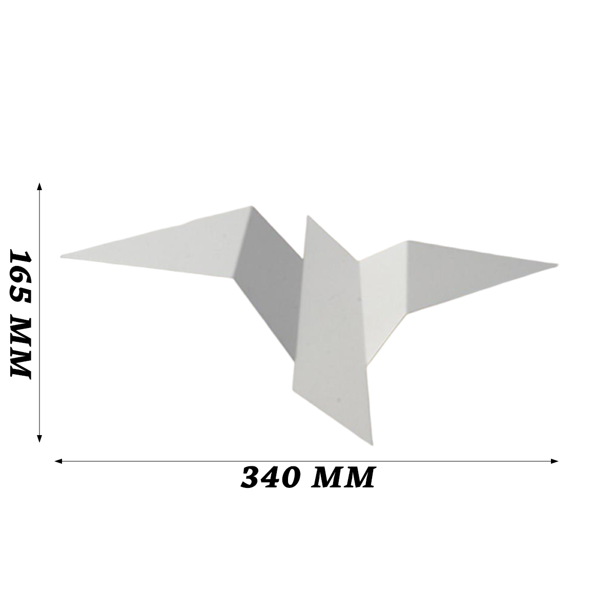 Ein weißer Origami-Vogel wird gezeigt. Die Abmessungen sind mit 165 mm Höhe und 340 mm Breite angegeben. Der Hintergrund ist weiß.
