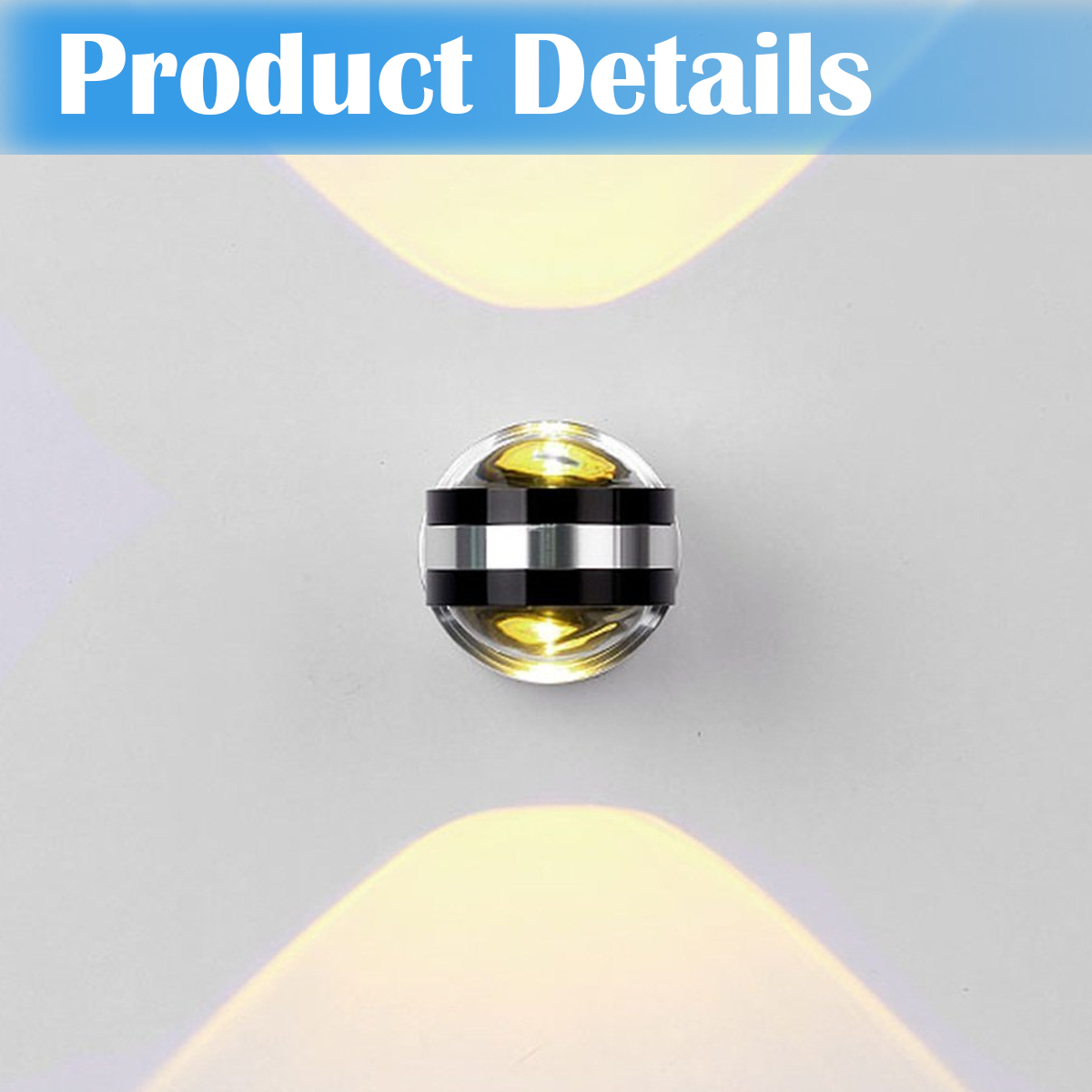 Eine moderne Wandleuchte mit Glaskuppel, schwarz-silbernen Bändern und zwei Lichtstrahlen an einer weißen Wand. Der Text 'Product Details' steht oben.