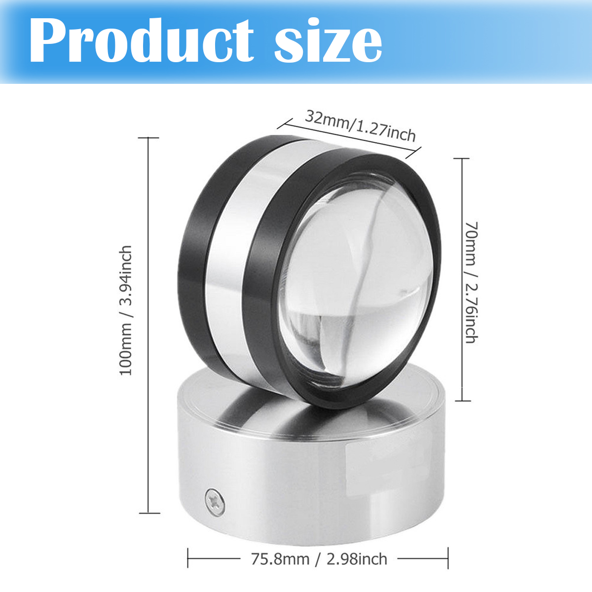 Ein Produkt mit abgebildeten Abmessungen. Es hat eine metallische Basis und eine schwarz-silberne Linsenkomponente. Maße sind in mm und Zoll angegeben.
