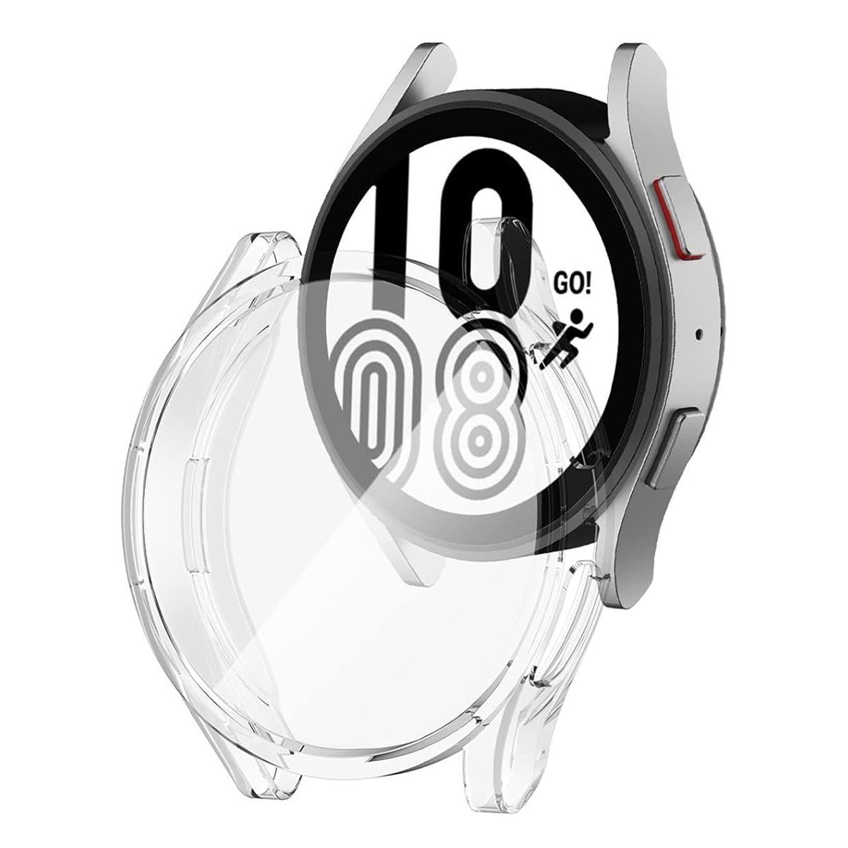 Eine Smartwatch mit klarer Hülle. Das Zifferblatt zeigt die Zahlen 10 und 08, das Wort GO! und ein Symbol für eine laufende Person.