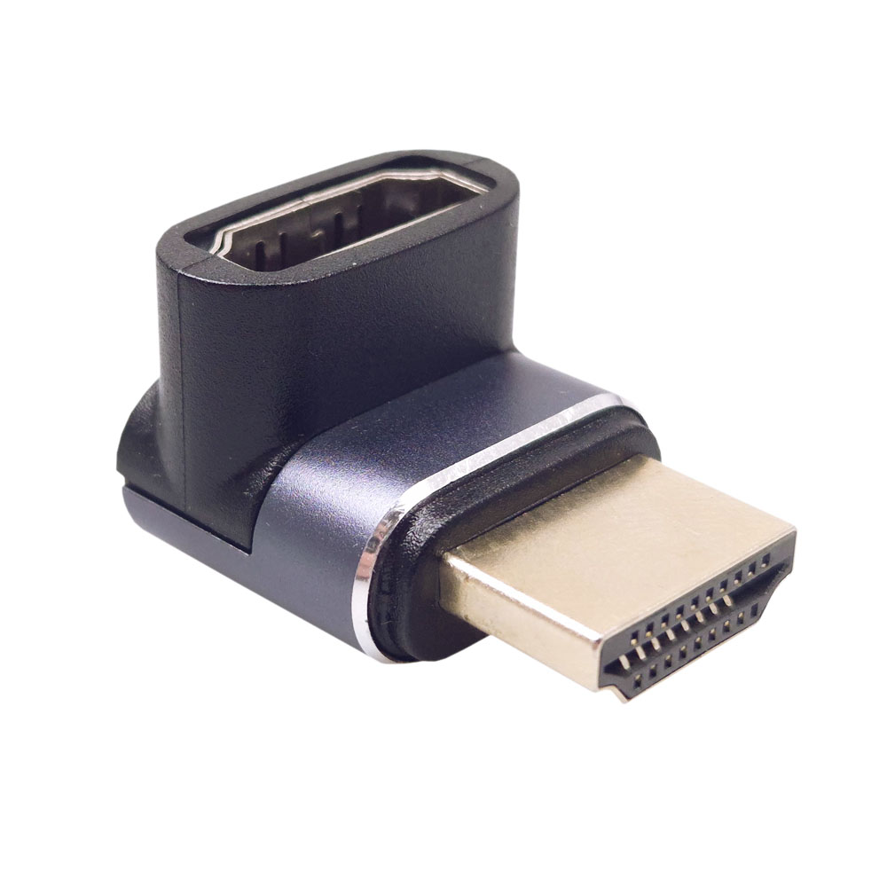 Kątowy adapter HDMI. Ma czarny i szary plastikowy korpus ze złotym złączem na jednym końcu.
