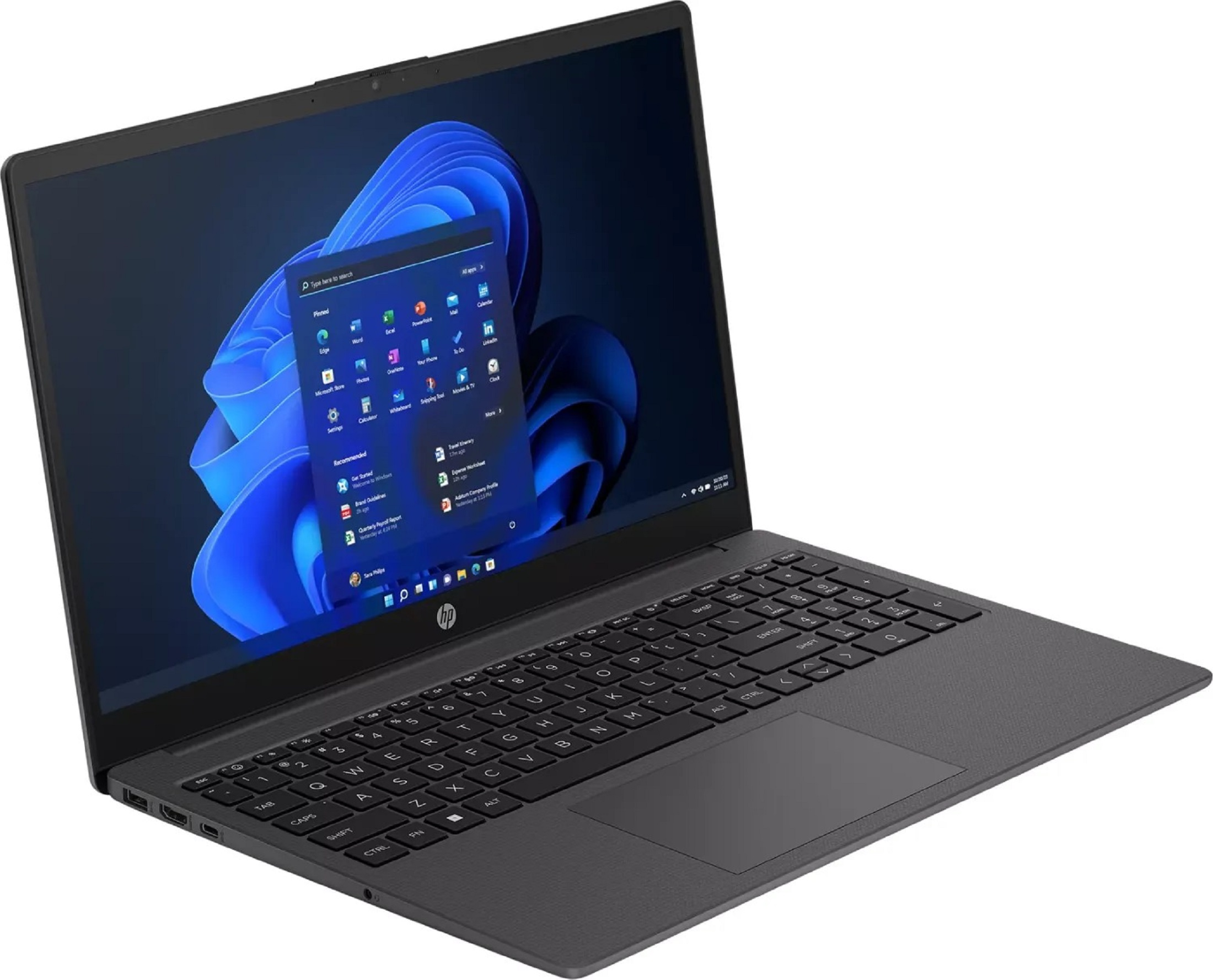 Ein dunkelgrauer HP-Laptop ist geöffnet. Der Bildschirm zeigt das Windows 21 Startmenü. Tastatur und Touchpad sind sichtbar.
