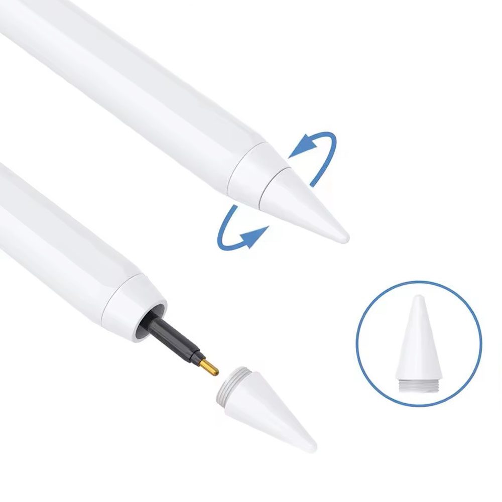 Obraz przedstawia biały rysik z odłączaną końcówką. Strzałki wskazują obrót. Oddzielna końcówka pokazana jest w okręgu.