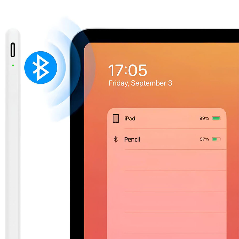 Ekran iPada pokazuje godzinę, datę i podłączone urządzenia: iPad z 99% i ołówek z 57% baterii, z ikoną Bluetooth.