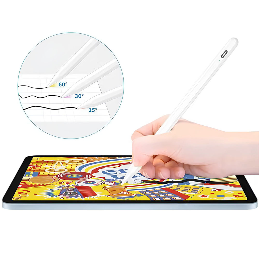 Ręka trzyma biały rysik nad tabletem z kolorową grafiką. Grafika pokazuje kąty i linie rysika.