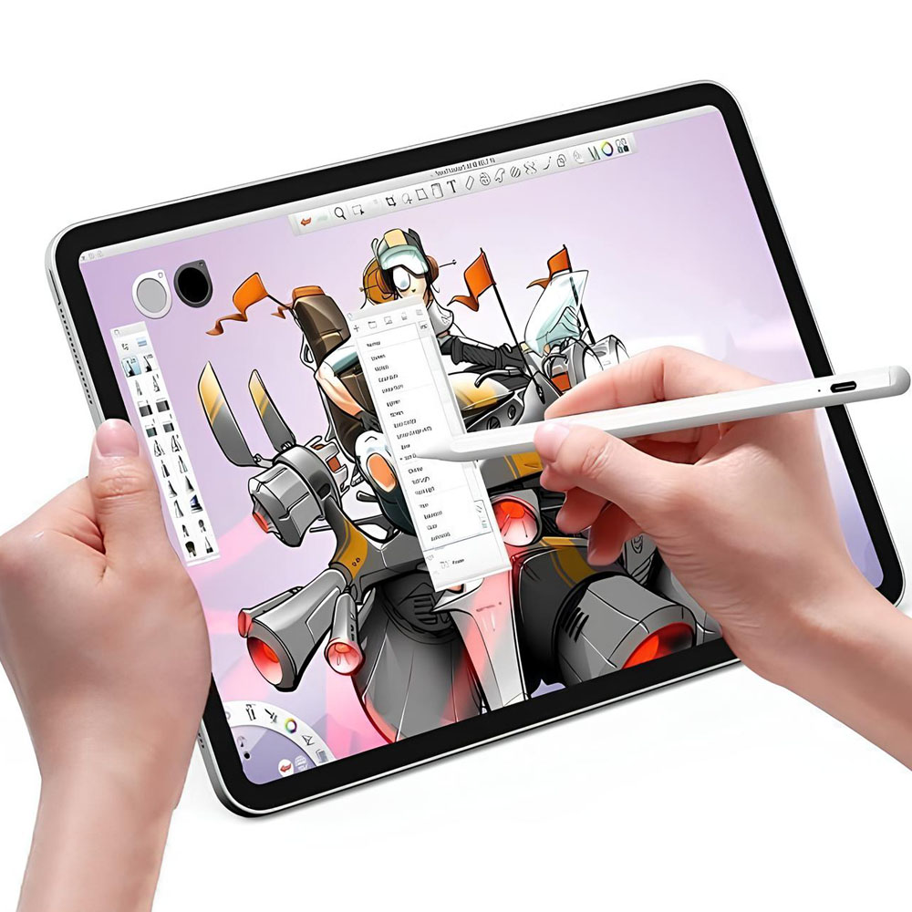 Ręce trzymają iPada i rysik. iPad wyświetla rysunek futurystycznego pojazdu. Rysik wchodzi w interakcję z menu.
